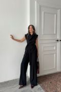 TENCEL MODAL KOLSUZ BLUZ KAPALI CEP DETAYLI DÖKÜMLÜ - PANTOLON TAKIM - Siyah resmi